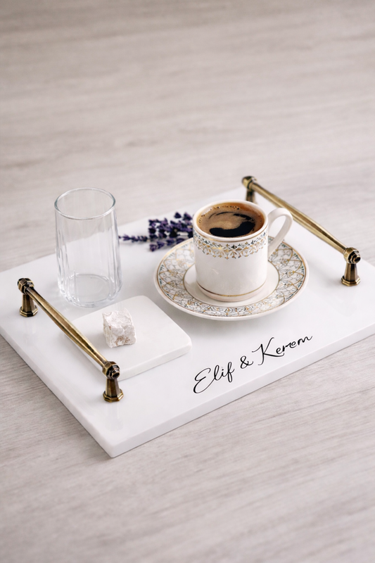 Damat Kahvesi Tepsi  Eskitme Bakır Kulplu